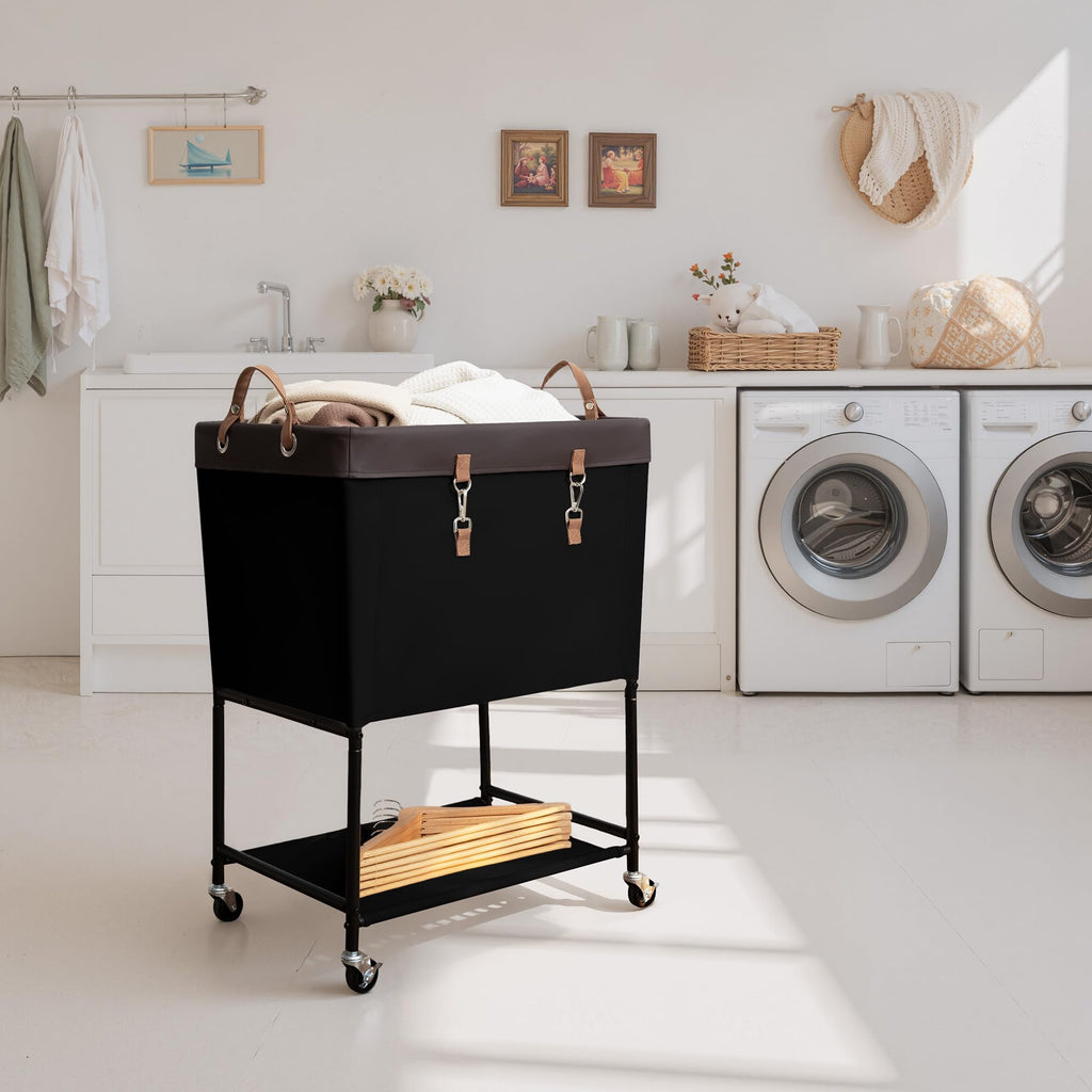 Laundry Cart, 2 Tier Rolling Basket with Wheels, 29 Gal, Black