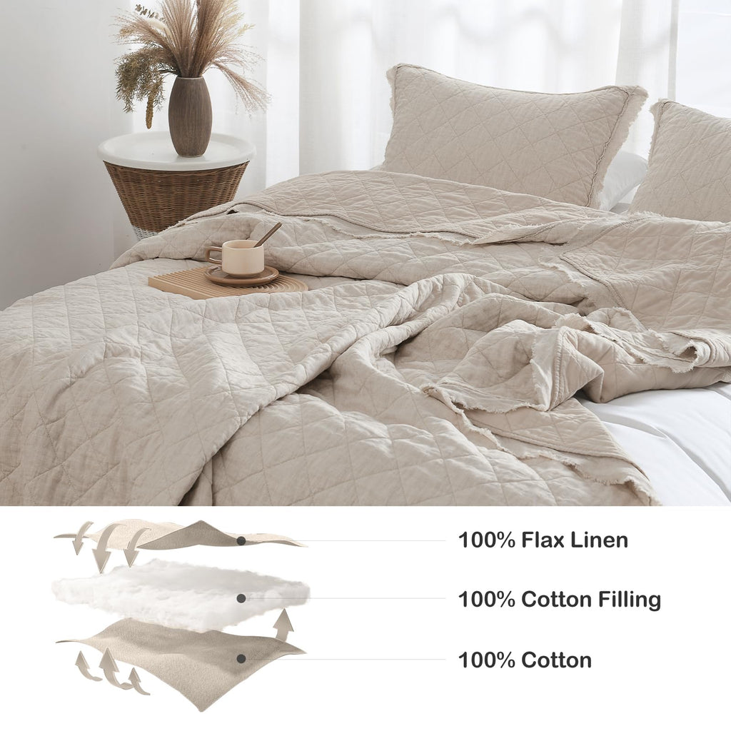 100% Linen Front/100% Cotton Back Quilt Set, Pre-Washed Flaxen Bedspread Coverlet Set, Diamond Stitch