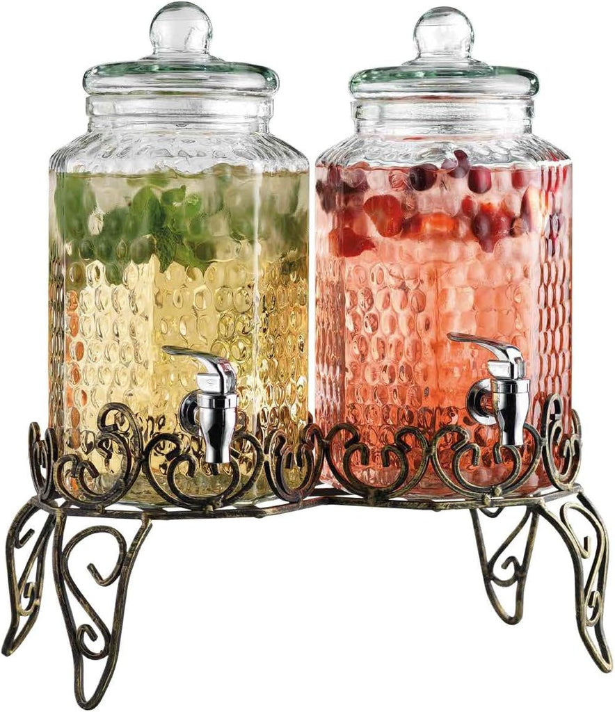 With Classy Metal Stand (), 1.Gallon Glass Drink Dispenser with 100% Leak Proof Spigot, Party Drink Dispenser - Set of 2