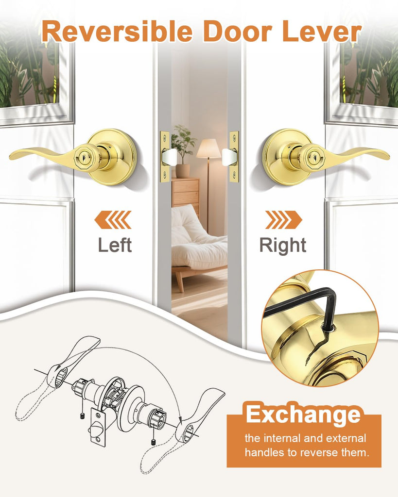 Door Handles Interior Polished Brass Privacy Door Handle Lock, Bedroom Bathroom Wave Door Lever, 4 Pack