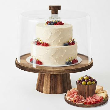 3-in-1 Acacia Wood 11 inch Cake Stand with Tall Acrylic Lid