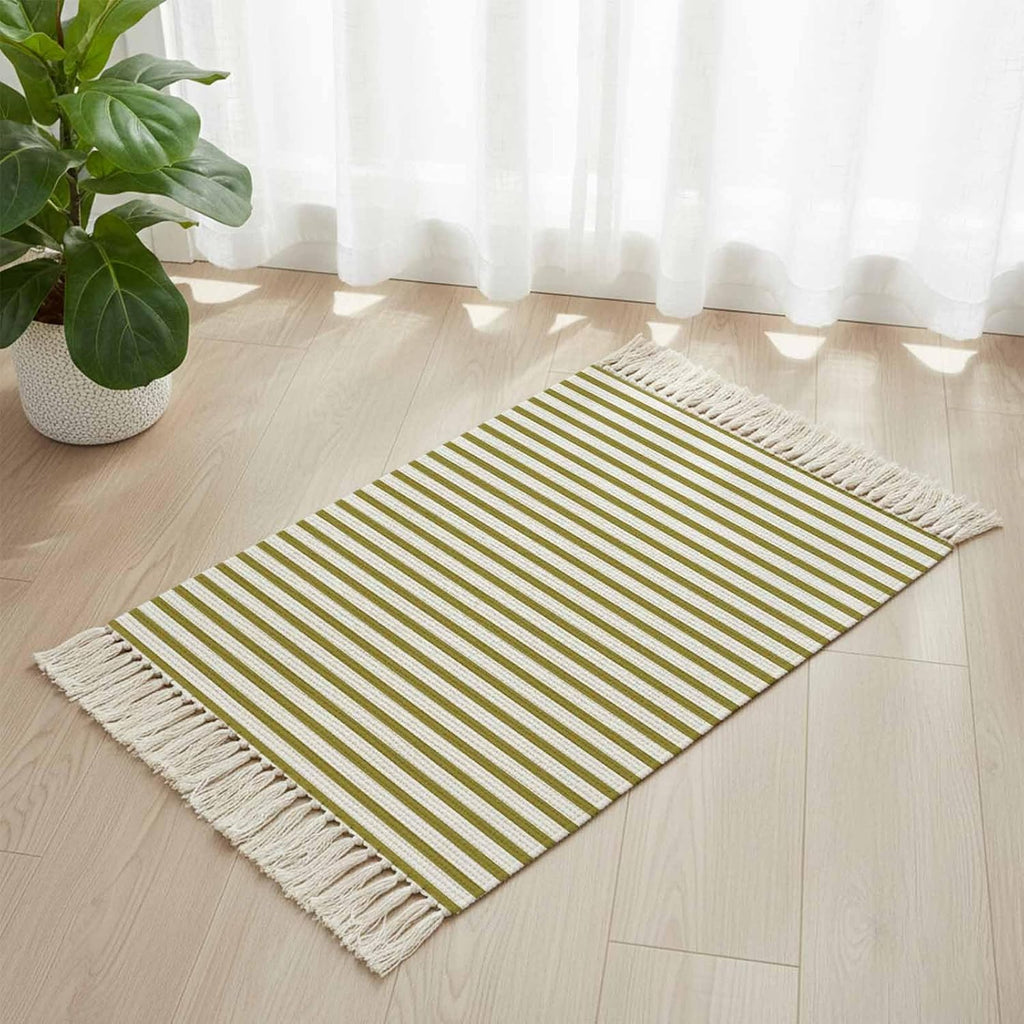 Minimalist Yellow Mustard Striped Runner Rug with Tassel Modern Art Vertical Line Print Entryway Rugs Washable