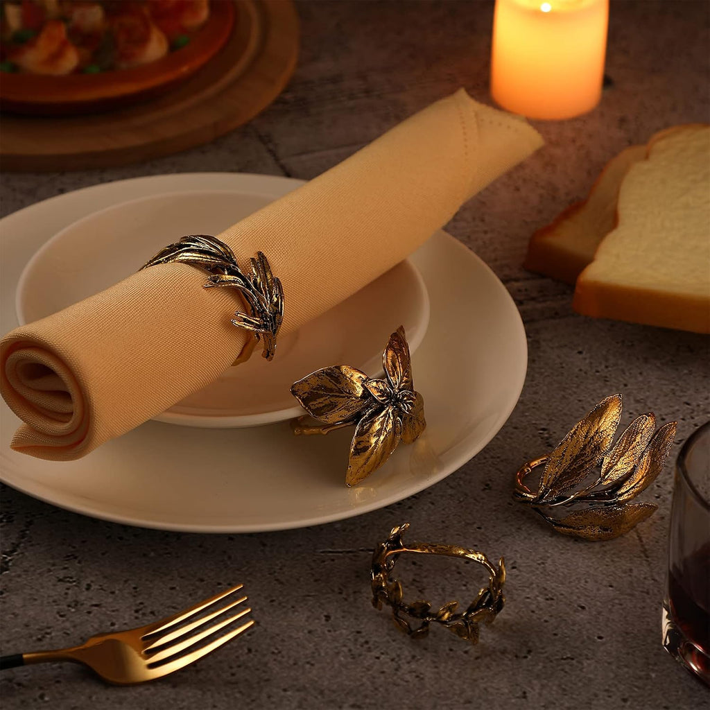Herb Napkin Rings Set Vintage Leaf Napkin Holders, Gold - Set of 8