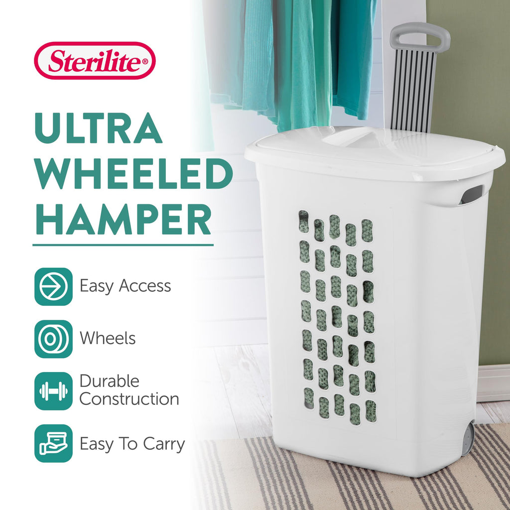 Ultra Wheeled Hamper, Laundry Basket w/ Flip-Top Lid, 3-Pack, White