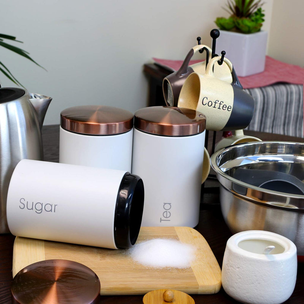 Essential Kitchen Storage 3 Piece Sugar, Coffee and Tea Canister Set in Matte White