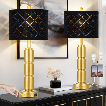 Set of 2 Modern Table Lamps Bedroom, 29" Tall Bedside Lamp with 2 USB Port, Gold Metal Touch Nightstand Lamp with Black