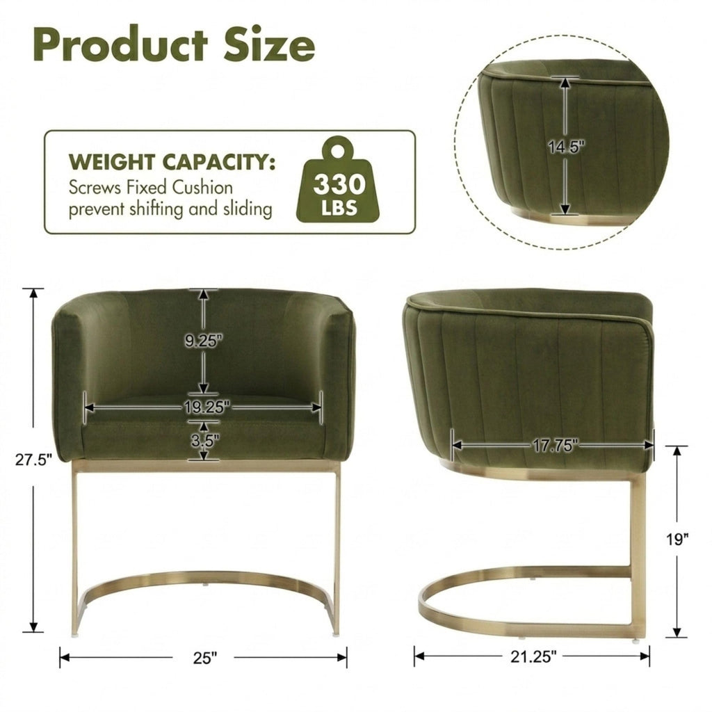 Olive Green and Gold Modern Barrel Dining Chairs Set of 2, Velvet Upholstered Accent Chairs with Curved Back Island
