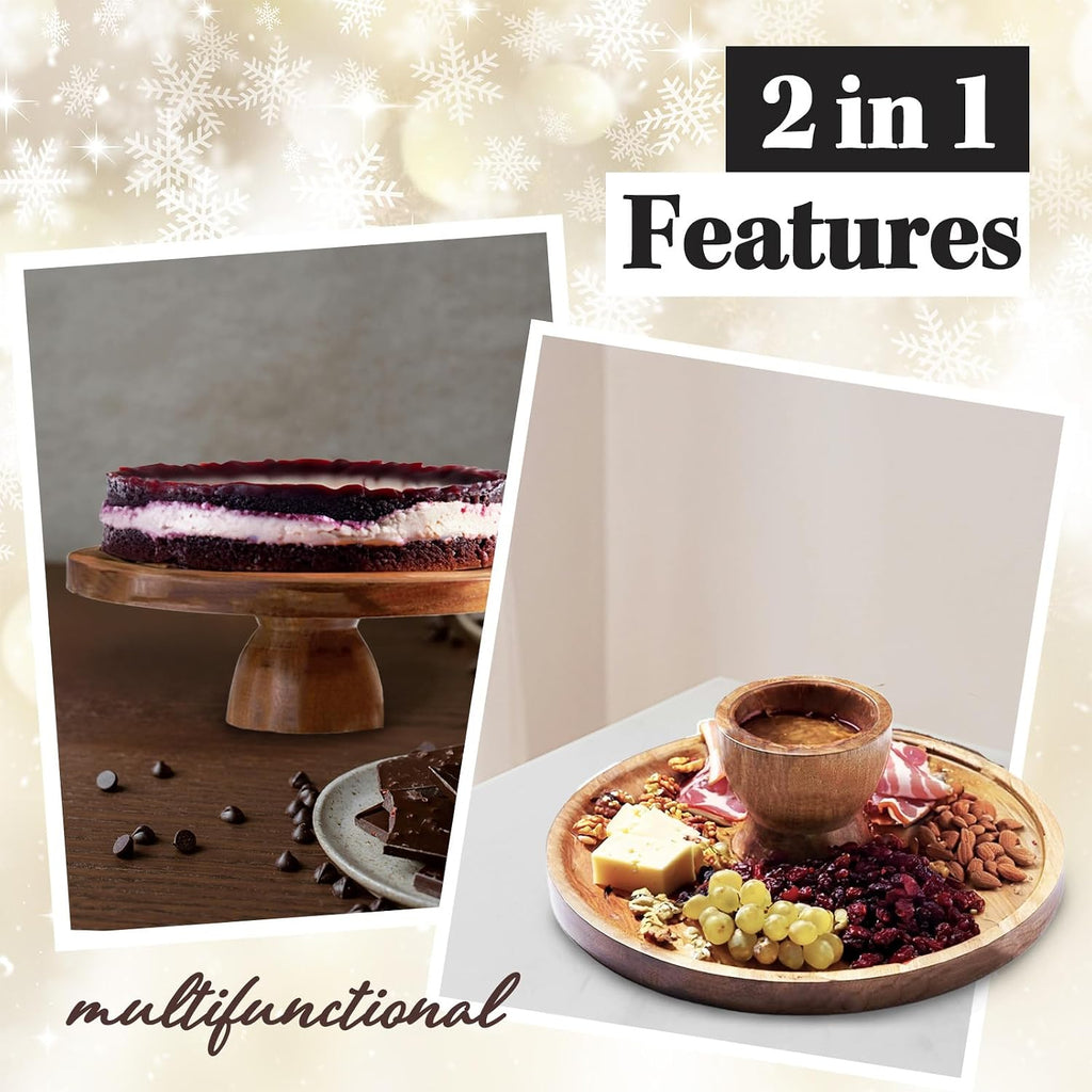 Cake Stand with Acrylic Dome Lid 2-in-1 - Multifunctional Round Shatterproof Dessert Table Display Set with Acacia