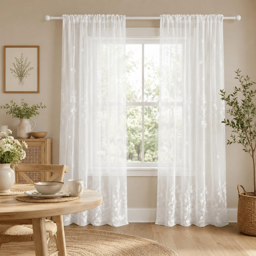 White Rod Pocket Sheer Curtains 96 inches Length, Embroidered Window Curtain Sheer Voile Panels , 60x96, Two Panels