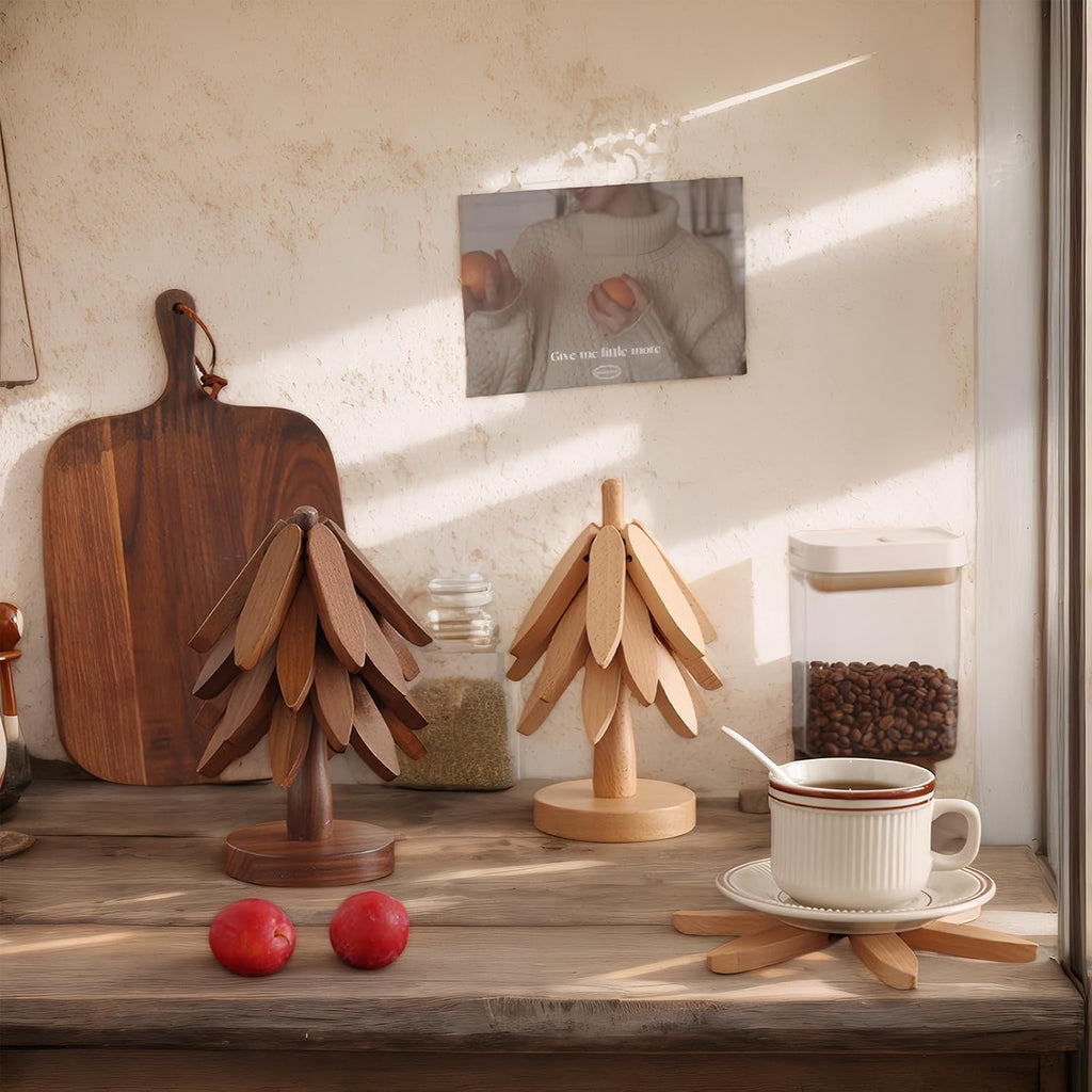 Wooden Trivets for Hot Dishes,Christmas Tree Trivet Table Mat Set,Wooden Treevet Tree Coasters for Hot Pots - Set of 4