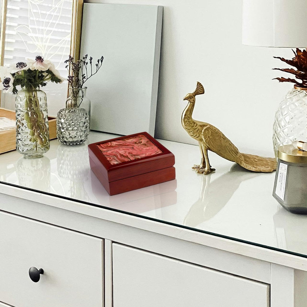 Red and Gold Marble Texture Effect Jewelry Box 7 x 7 inch with 4 inch tile