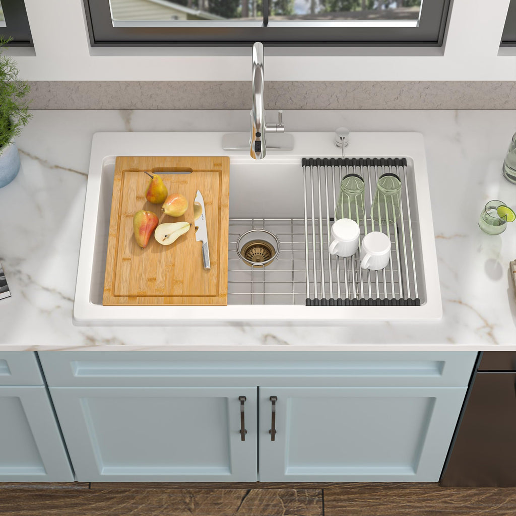 33"x22" Granite Composite - Ledge Workstation Drop In Topmount White Quartz Classic Above Counter Single Bowl Basin