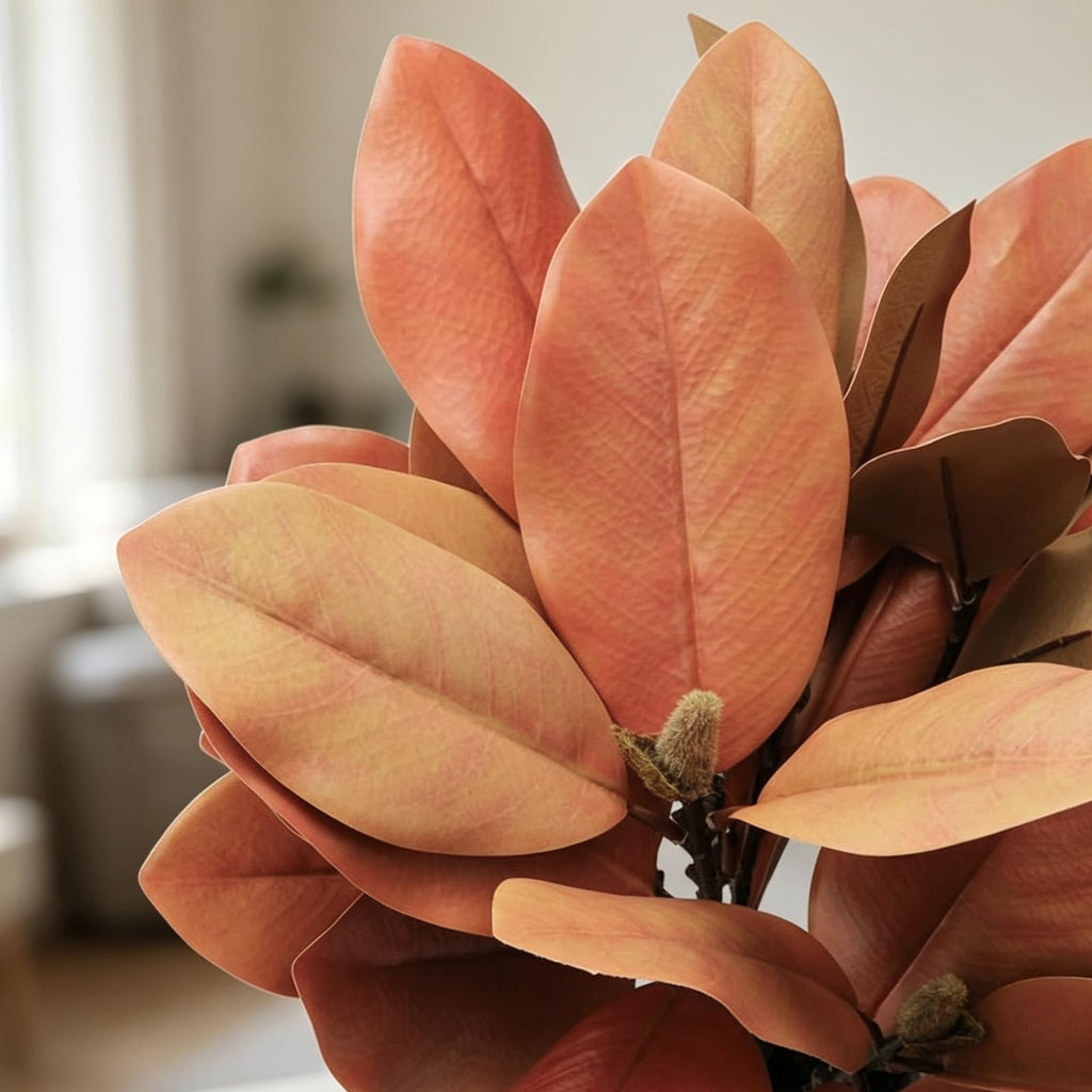4 Pcs Fall Magnolia Silk Leaves Branches 25.6 Inch 3D Real Touch Autumn Faux Magnolia Stems Fake Orange Leaves Twigs
