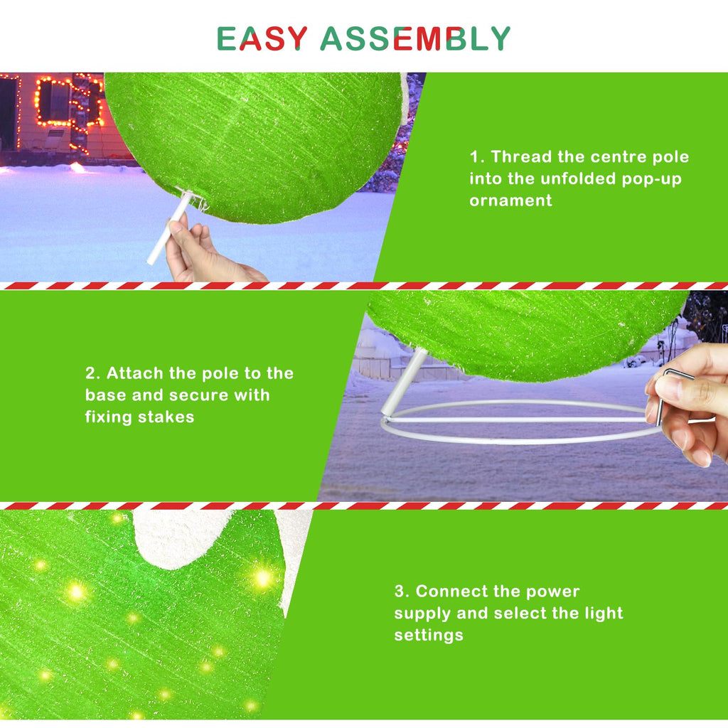 Outdoor Christmas Ornaments, Lighted Pop-Up Holiday Ball Decoration with 80 LED Lights, 8 Light Functions, Lighted