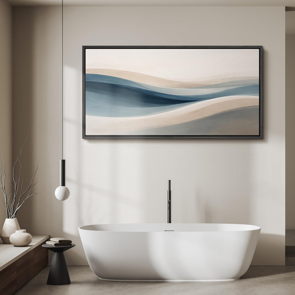 Extra Large Framed Canvas Print Wall Art Blue and Beige Abstract Wave Modern Neutral Illustrations Modern Art