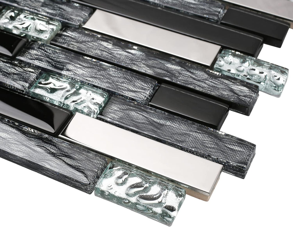 Glass Metal Art Mosaic Silk Black Crystal Glass Chrome Silver Steel Accent Wall Border Kitchen Bath Backsplash Tile