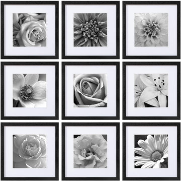 Picture Frames Set of 9, 12x12 in, Acrylic Cover, Black | Display Photo 8x8 with Mat or 12x12 without, Square Gallery