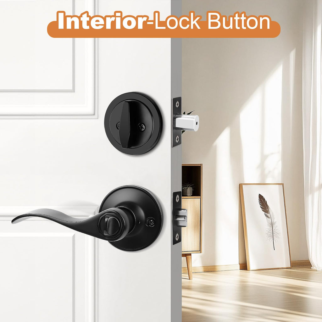 Front Door Entry Lever Lockset, Single Cylinder Deadbolt Combination Set, Flat Black Finish Keyed Alike Combo