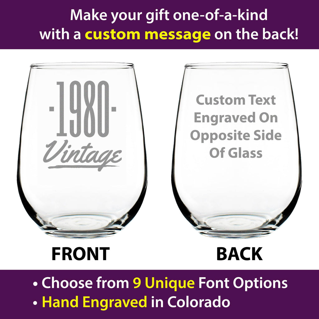 Custom Vintage 1980 Stemless Wine Glass Birthday Gift - 17 oz