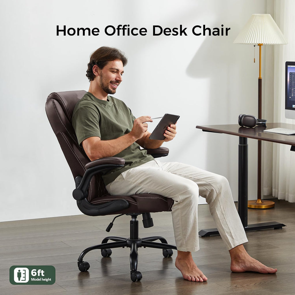 Executive PU Leather Chair, Ergonomic Computer Desk Chair with Lumbar Support and Adjustable Flip-Up Arms, Rocking