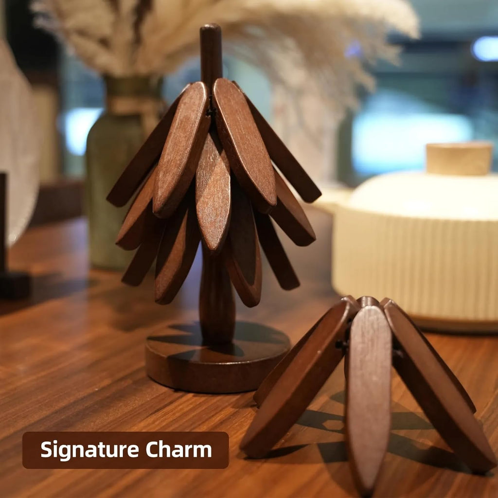 Artisanal Wooden Coasters Trivets Set - Foldable Wooden Tree Trivet with 4 Coasters & Stand - Heat Resistant Hot - Set of 4