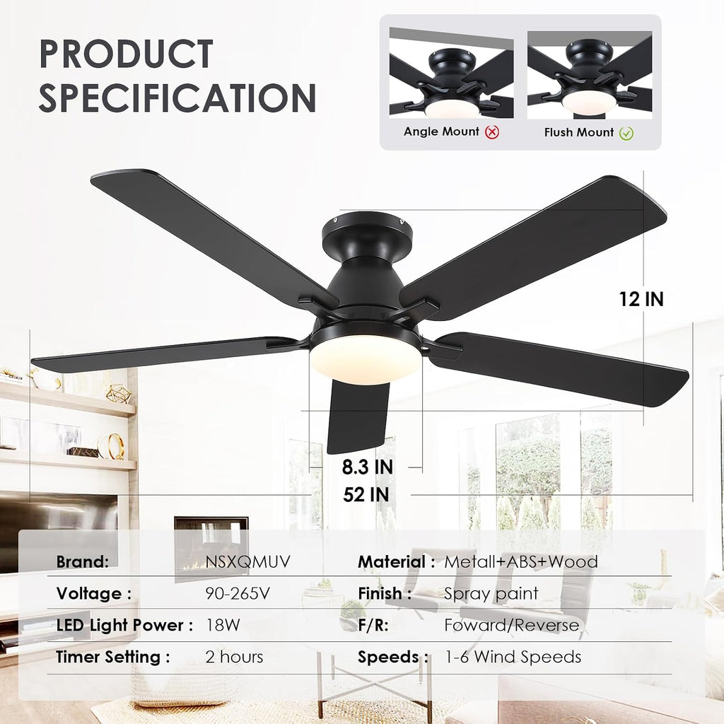 52 Inch Ceiling Fan with Lights and Remote Flush Mount Modern Black
