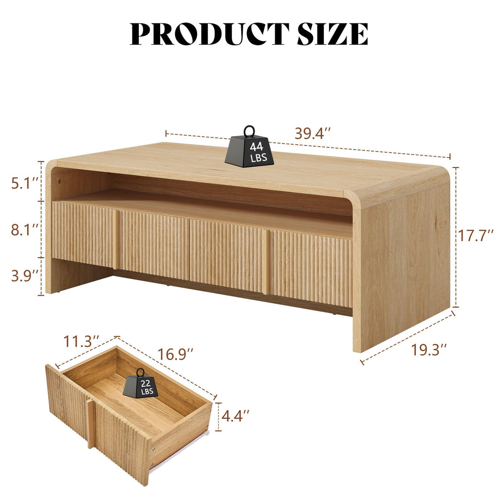 39.4" Fluted Coffee Table with 2 Drawers, Natural Oak