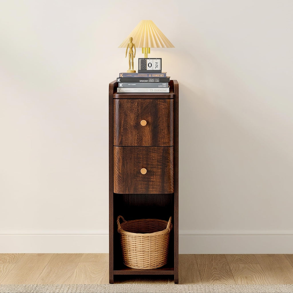 Narrow Nightstand, Wooden 2 Drawer, Cherry Walnut