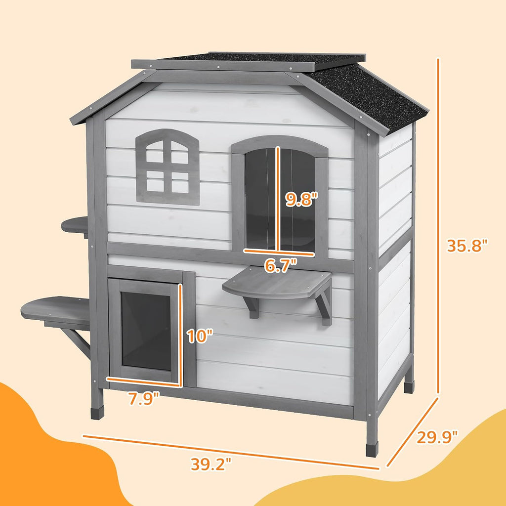 2-Story Cat House Outdoor, Weatherproof Wooden Cat Enclosure for Feral Cats with Escape Door, Openable Roof, Jumping