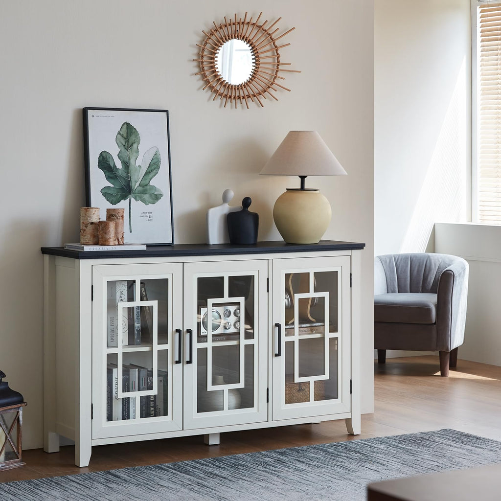 Large Sideboard Buffet Cabinet with Storage, 55" Farmhouse Credenza with 3 Glass Doors, Adjustable Shelves Console