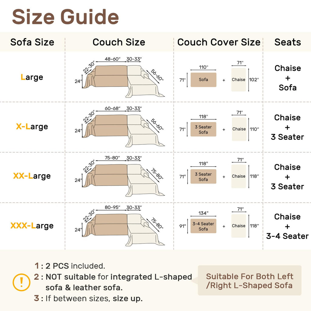 2 Pieces Sectional Couch Covers L Shaped, Cream White, XL