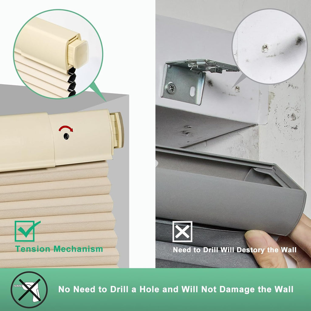 No Drill Cellular Shades Windows, Thermal Insulating & Noise Reducing Honeycomb Blinds, Free Stop Cordless Blackout