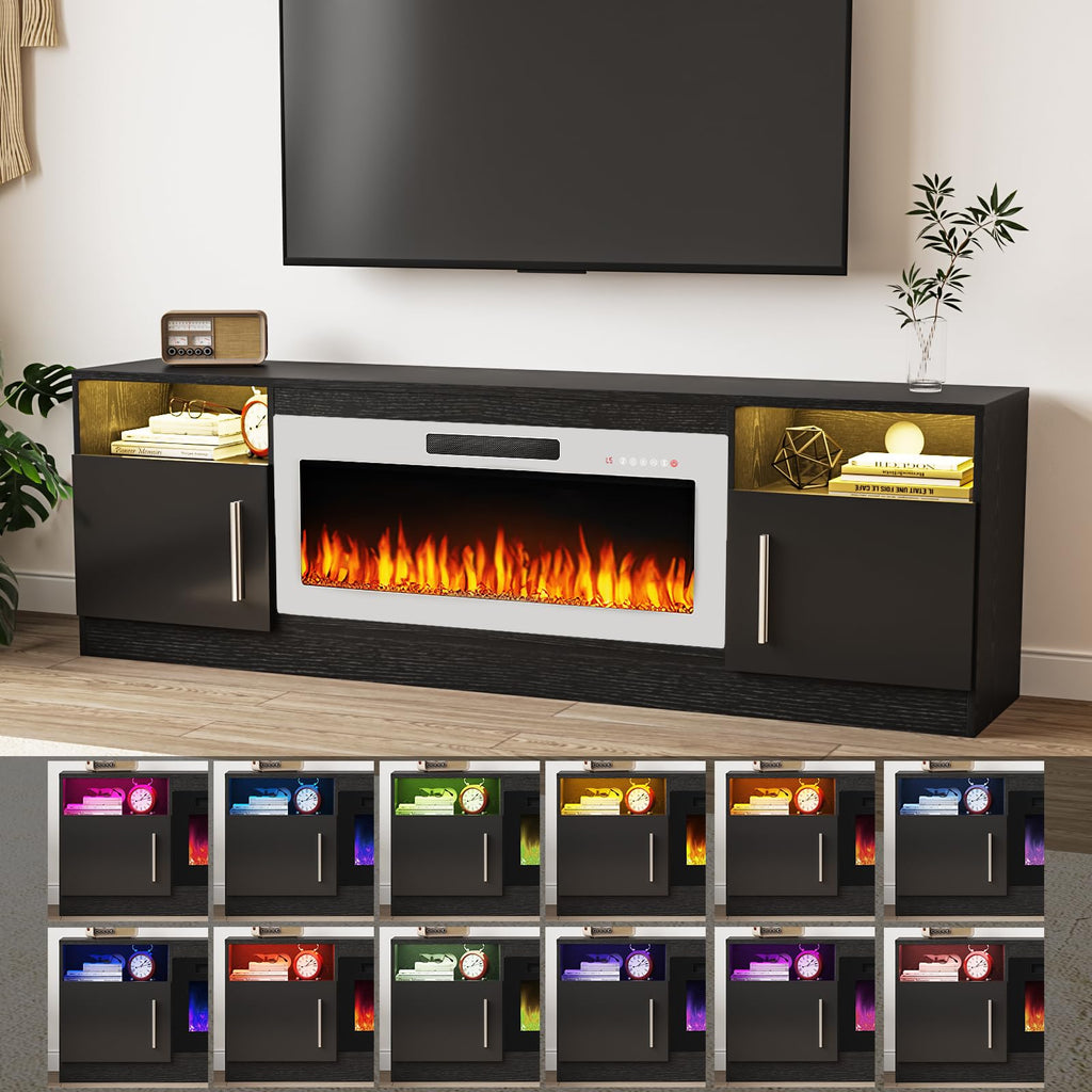 70", Modern LED Light Entertainment Center with Storage and 36" Fireplace, Media TV Console for TVs Up to 80", Fire