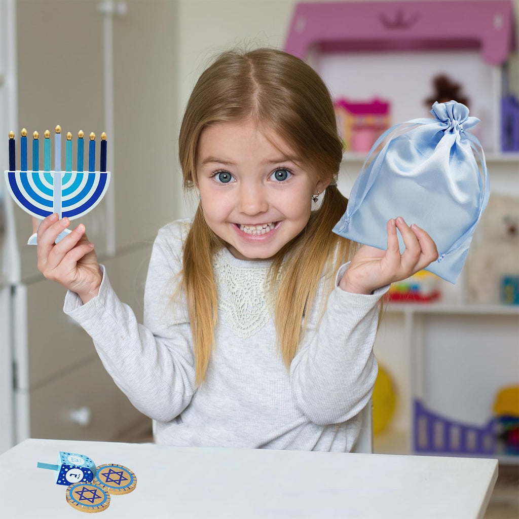 Mini Blue Hanukkah , 5" Inch Children Wooden Chanukah Set with Removable Wooden Candles, 3" Inch Dreidel, and Gelt