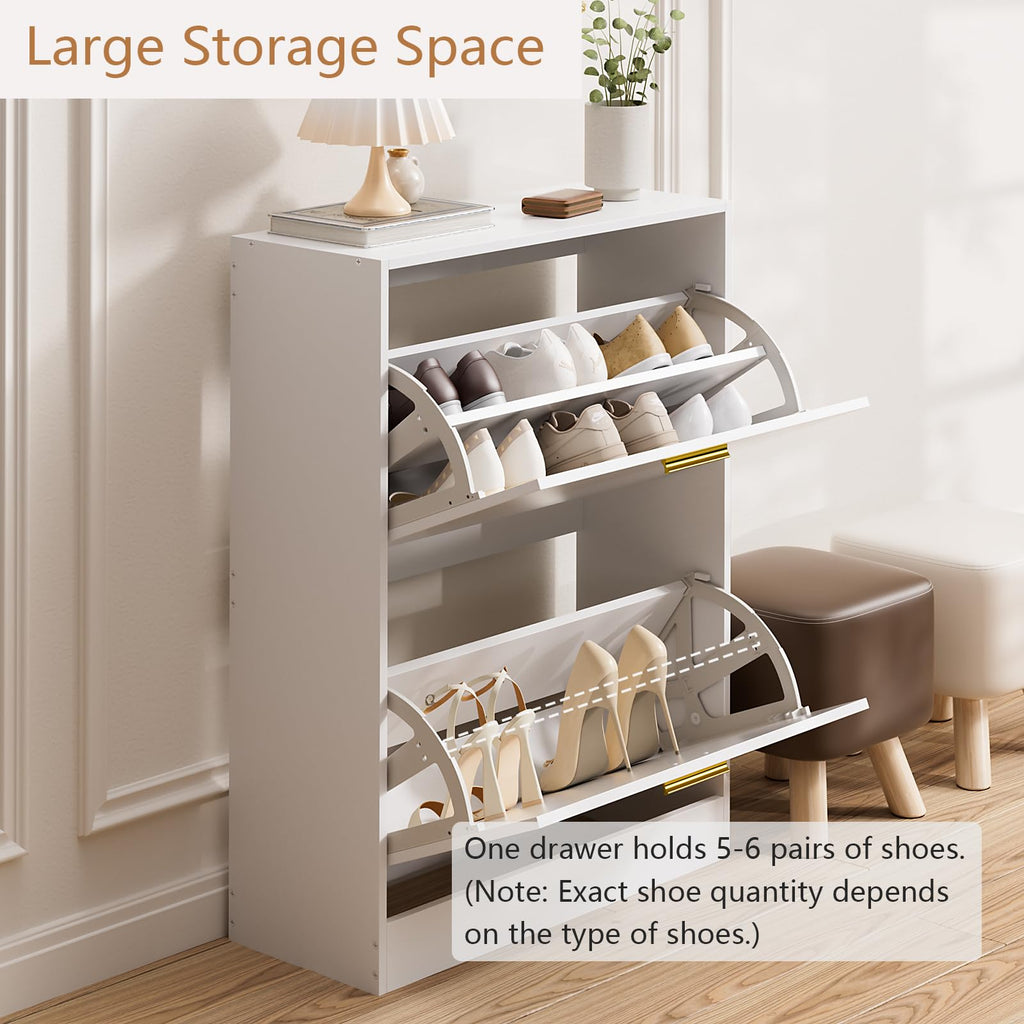 Modern Entryway Shoe Cabinet with 2 Flip Drawers and Top Display, White丨Free Standing Tipping Bucket Shoe Rack