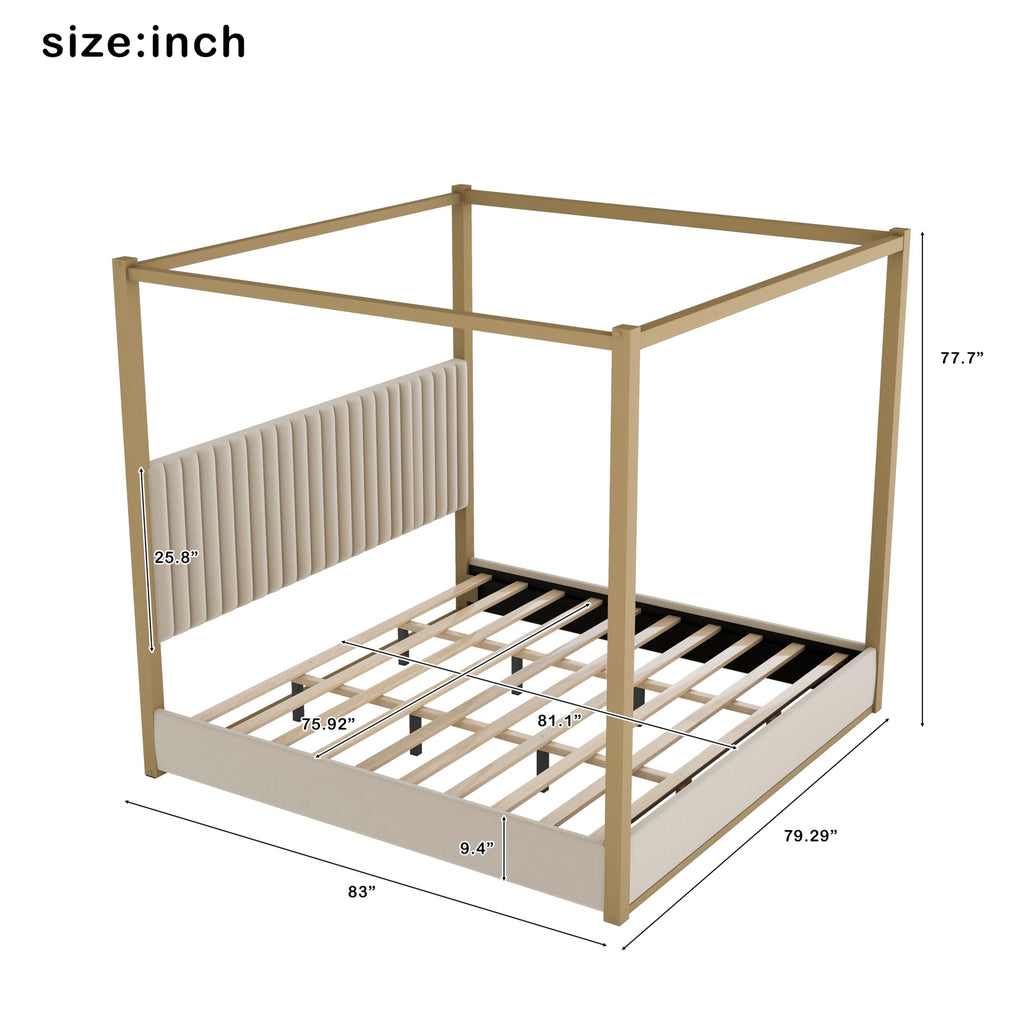 Modern 4-Poster Canopy Platform Bed King Size with Channel Upholstery Tufted Headboard, Gold Metal Canopied Design
