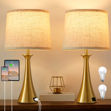 Touch Table Lamps Set of 2, 21" Bedside Lamps with USB C+A, Gold