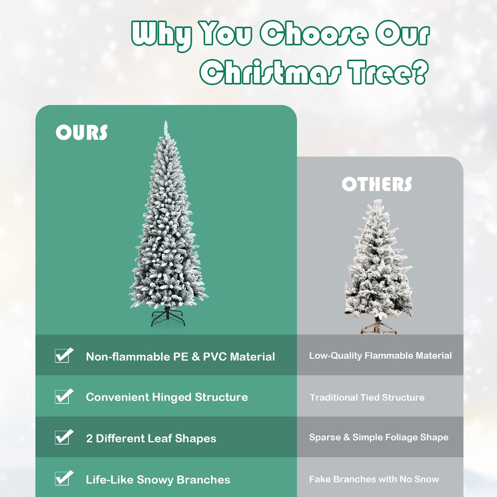 7.5ft Snow Flocked Pencil Christmas Tree with 1189 Branch Tips
