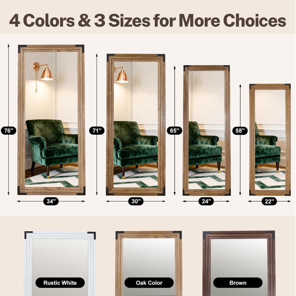 Full Length Mirror 76"x34", Solid Wood Frame Standing Mirror, Oak Color