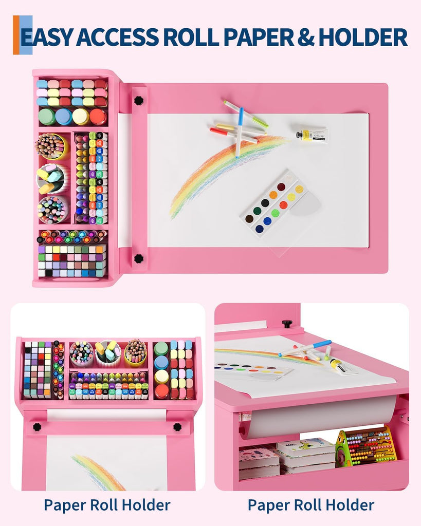 Kids Art Table and 2 Chairs Set with Paper Roll Holder & Storage, Pink
