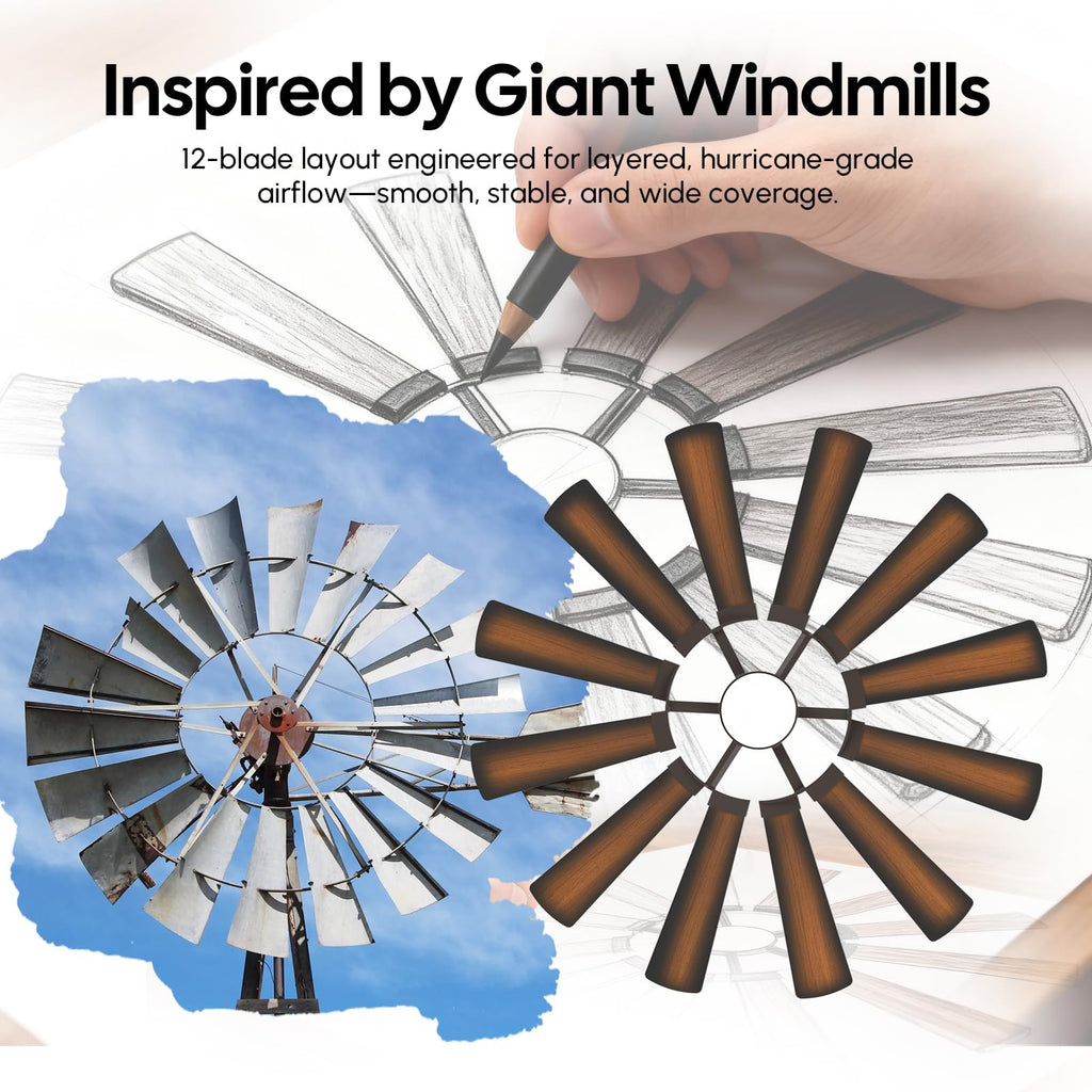 72 Inch Outdoor Wind Mill Ceiling Fan with Light, High 8095 CFM Damp Rated