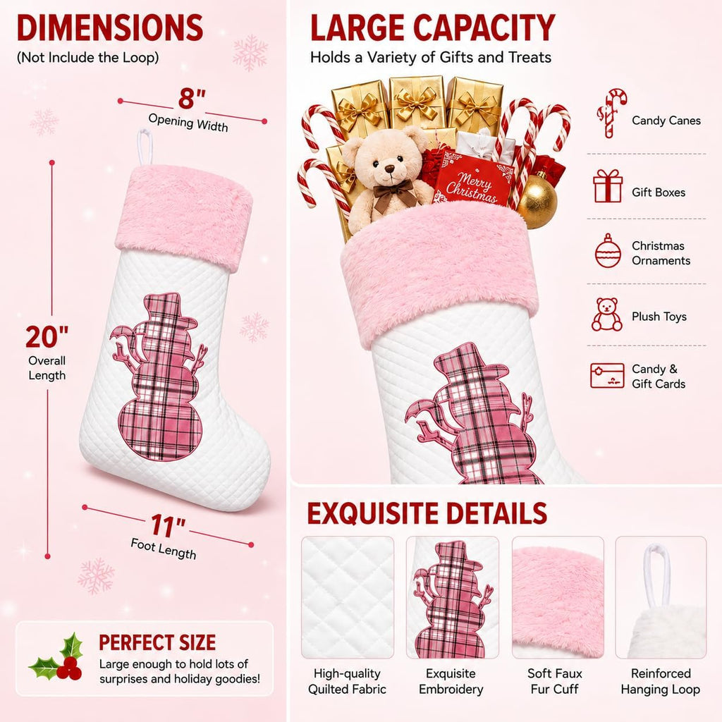 White Pink Buffalo Plaid Embroidered Christmas Stockings Set of 4