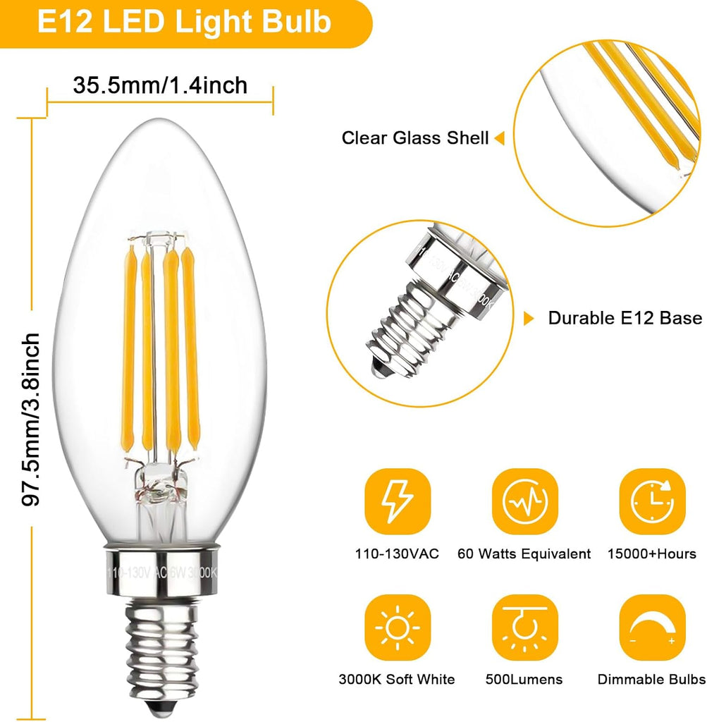 E12 Candelabra Bulbs 60 Watt, Chandelier Light Bulbs LED Candle Bulb 3000K Soft White, B11 LED Bulb Dimmable 6W 500