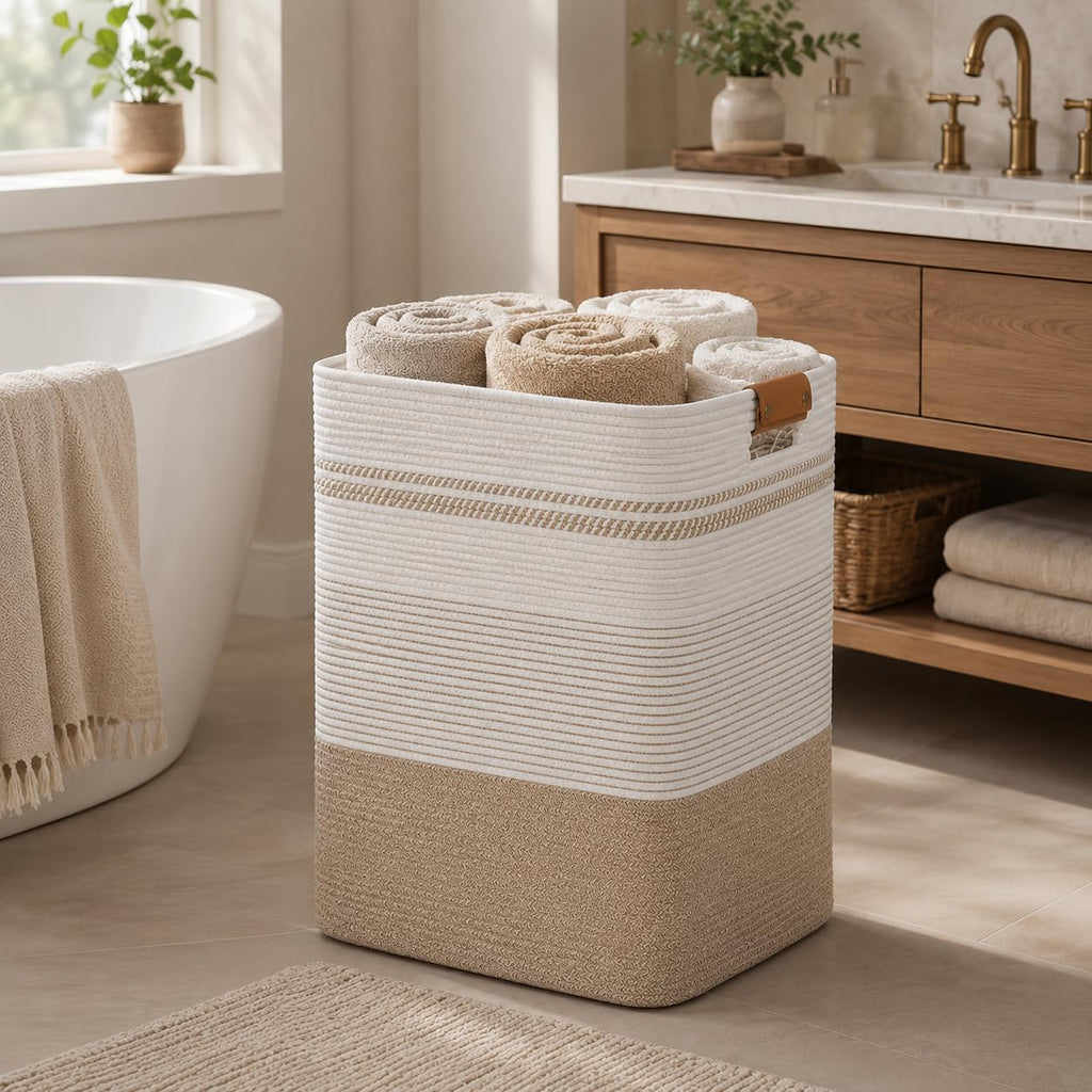 Laundry Hamper, Cotton Rope Laundry Basket with Leather Handles, 21.1-Gallon/80 L Large Clothes Hampers for Laundry