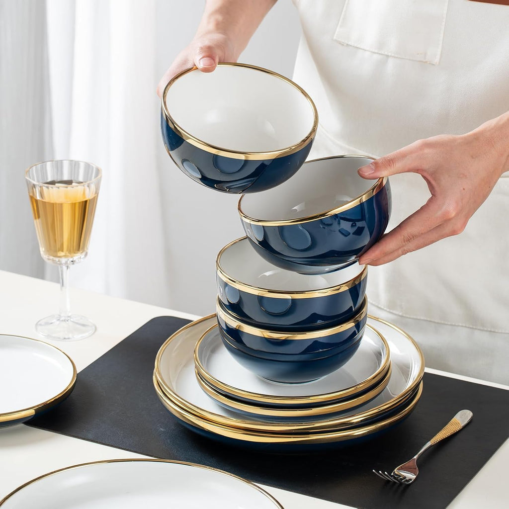 Blue and Gold Ceramic Dinnerware Sets for 4, 16-Piece Luxury Plates and Bowls Sets with Gold Rim, Modern Dish Set