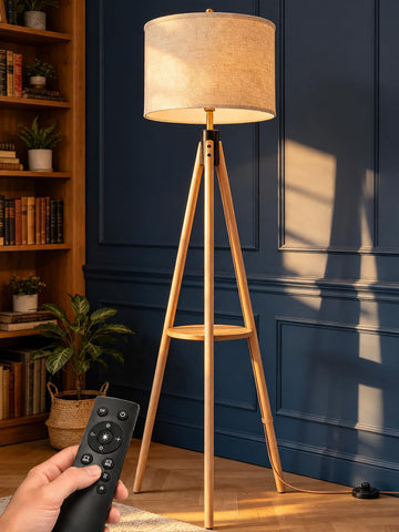 Mid Century Solid Wood Tripod Floor Lamp with Tary & Remote Control