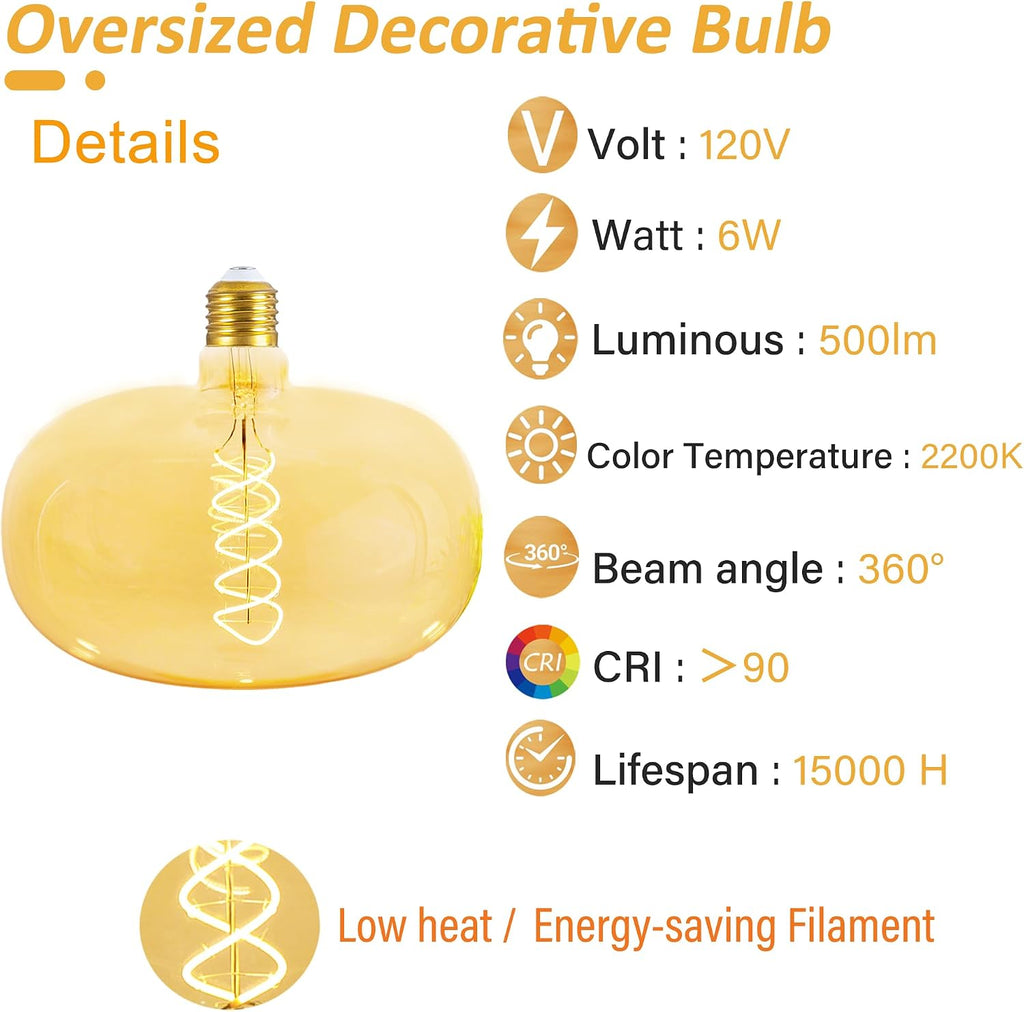 Large LED Edison Light Bulb 6W 600LM E26 Dimmable 2200k, 1 PC