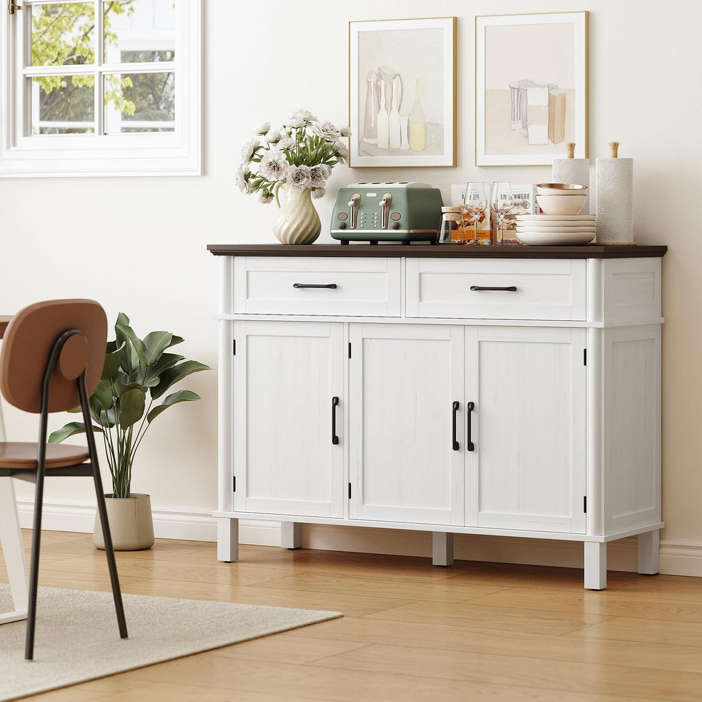 48 Inch Buffet Cabinet with Storage, Off White&Walnut