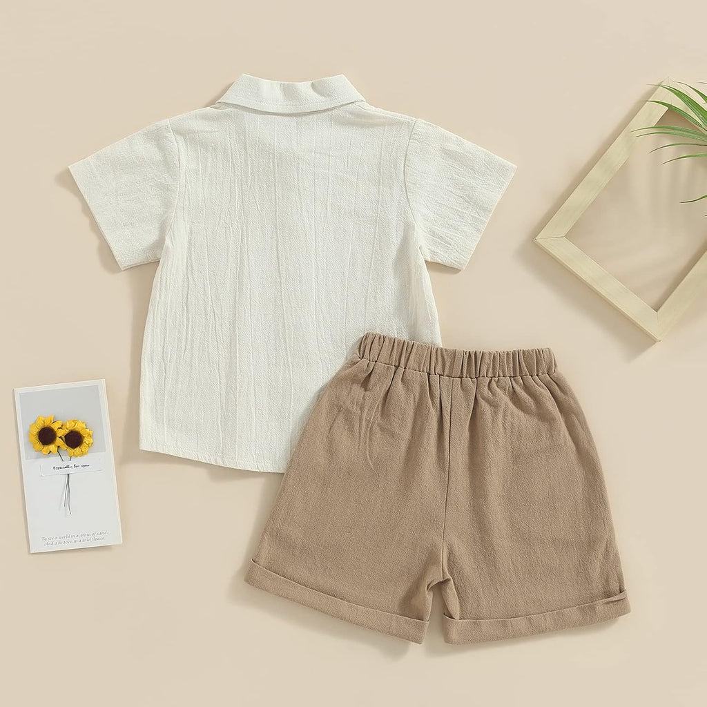 Toddler Baby Boy Summer Outfit Cotton Linen Short Sleeve Button Down Shirt Elastic Waist Shorts 2Pcs Casual Clothes