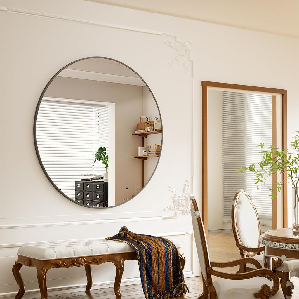 42 Inch Round Mirror, Metal Frame Circle Mirror, Black